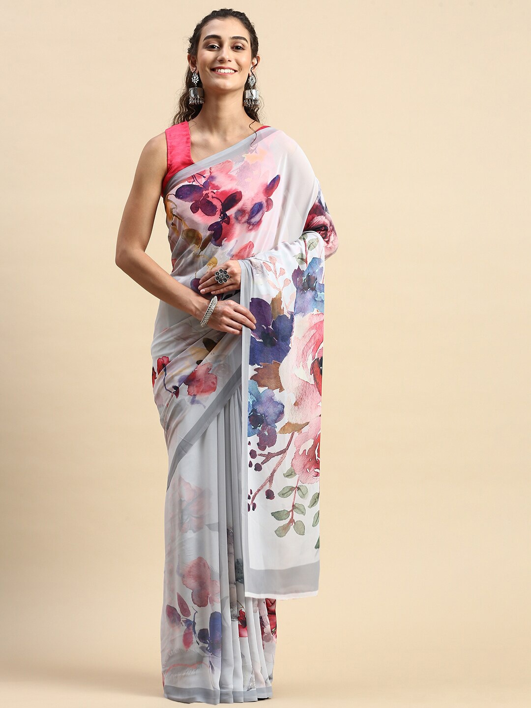 

Rishika Floral Printed Chanderi Saree, Grey