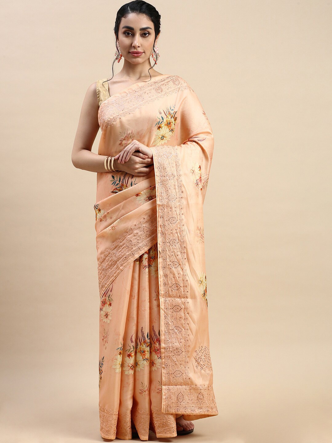 

Rishika Floral Prined Embroidered Chanderi Saree, Orange