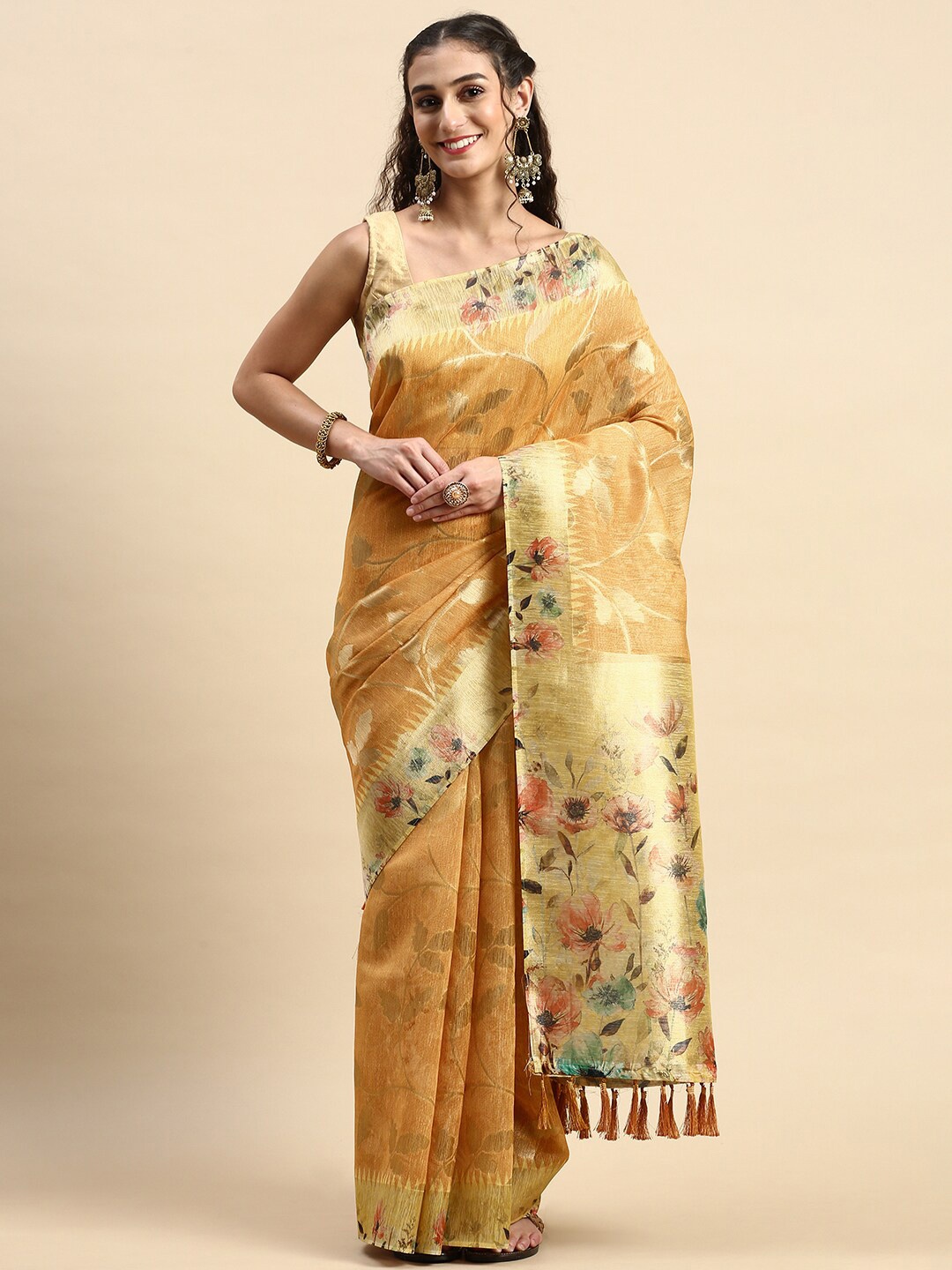 

Rishika Floral Printed Zari Chanderi Saree, Orange