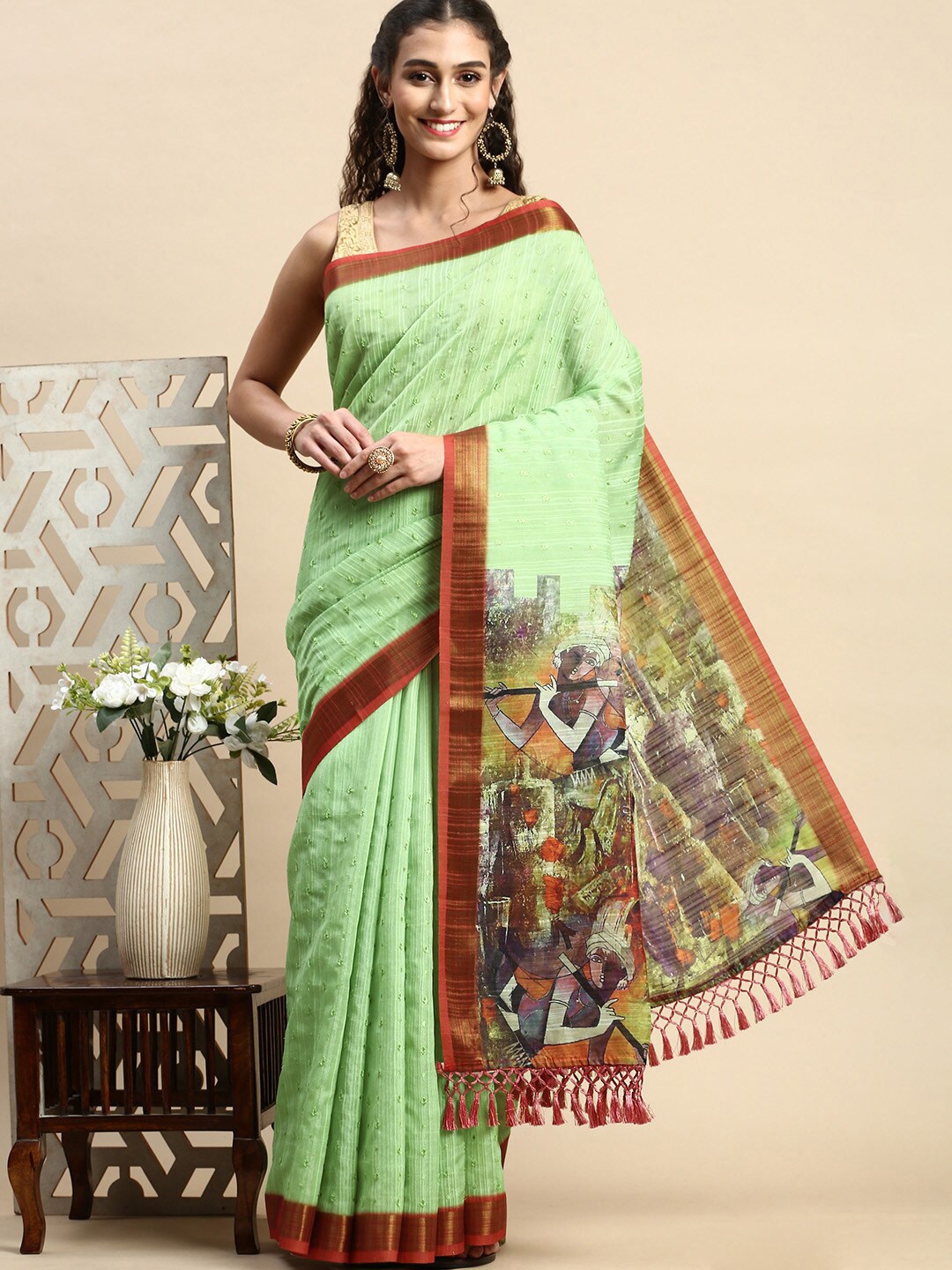 

Rishika Ethnic Motifs Printed Zari Silk Blend Chanderi Saree, Green