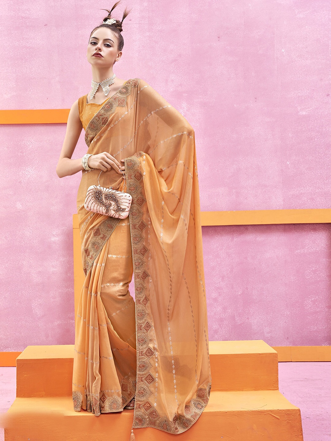 

KALINI Ethnic Motif Embroidered Saree, Orange