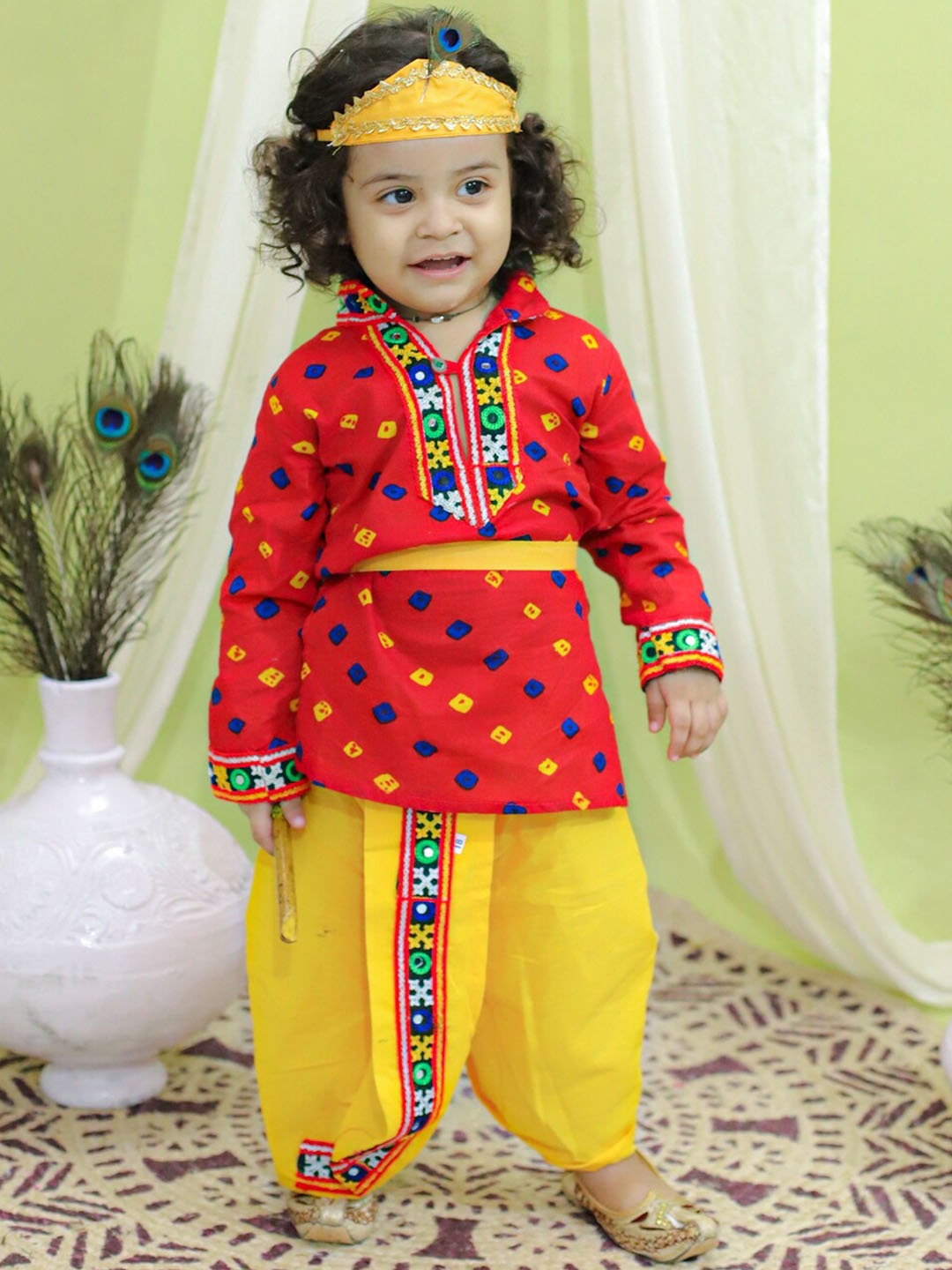 

BownBee Boys Bandhani Printed Thread Work Pure Cotton Kurta with Dhoti Pants, Red