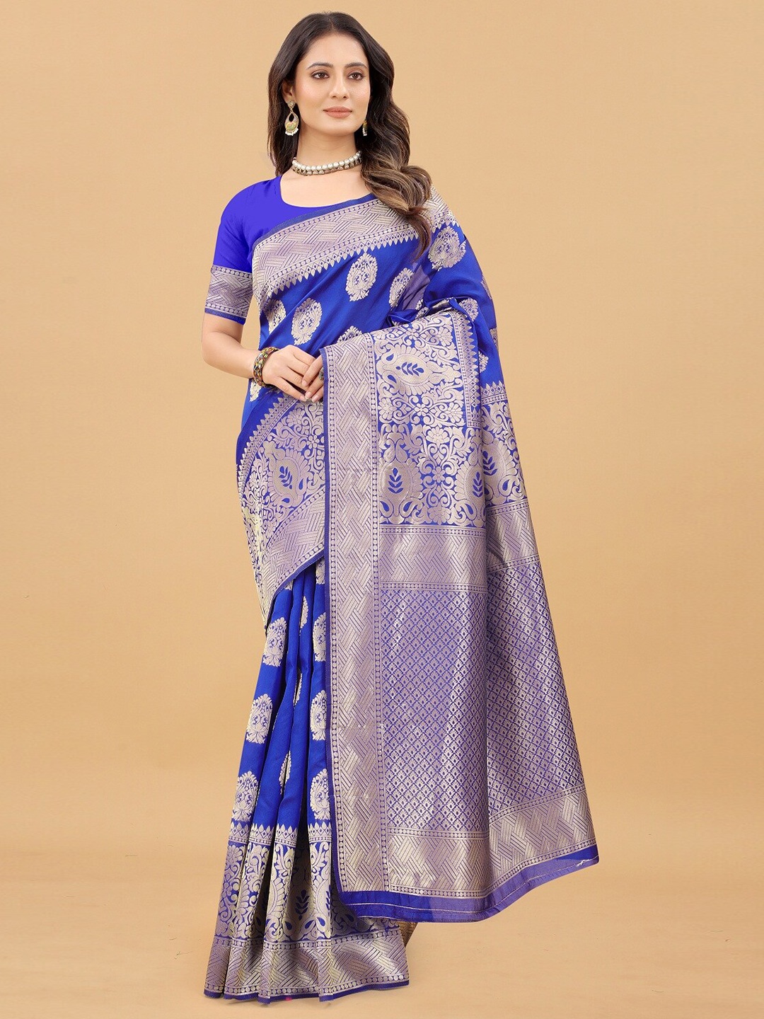

Hinayat Fashion Ethnic Motifs Zari Silk Blend Kanjeevaram Saree, Blue
