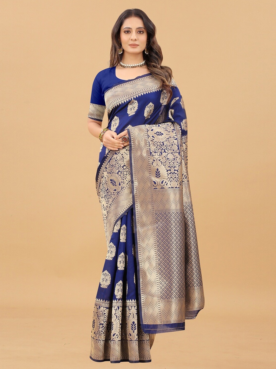 

Hinayat Fashion Ethnic Motifs Zari Kanjeevaram Saree, Navy blue