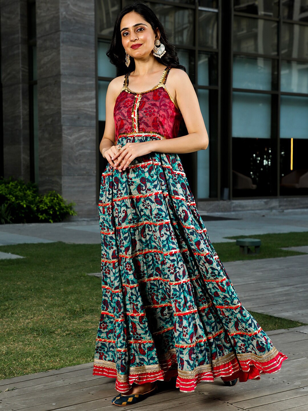 

AKS Couture Floral Printed Maxi Ethnic Dress, Blue