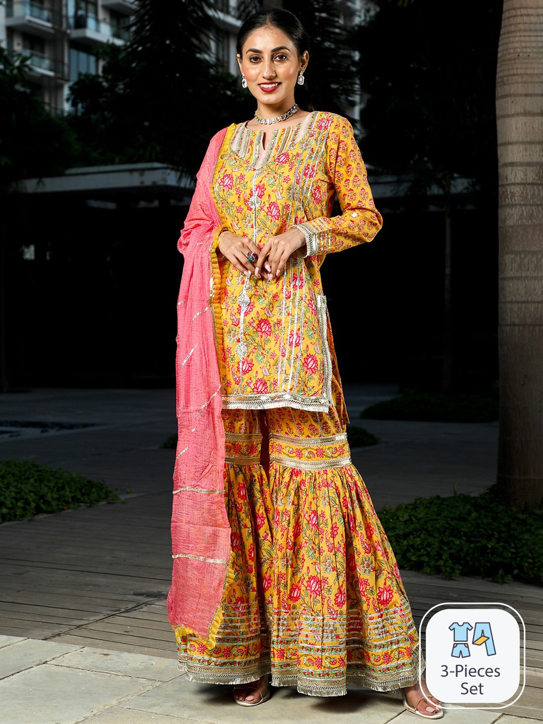 

AKS Couture Floral Printed Regular Gotta Patti Pure Cotton Kurta & Sharara With Dupatta, Yellow