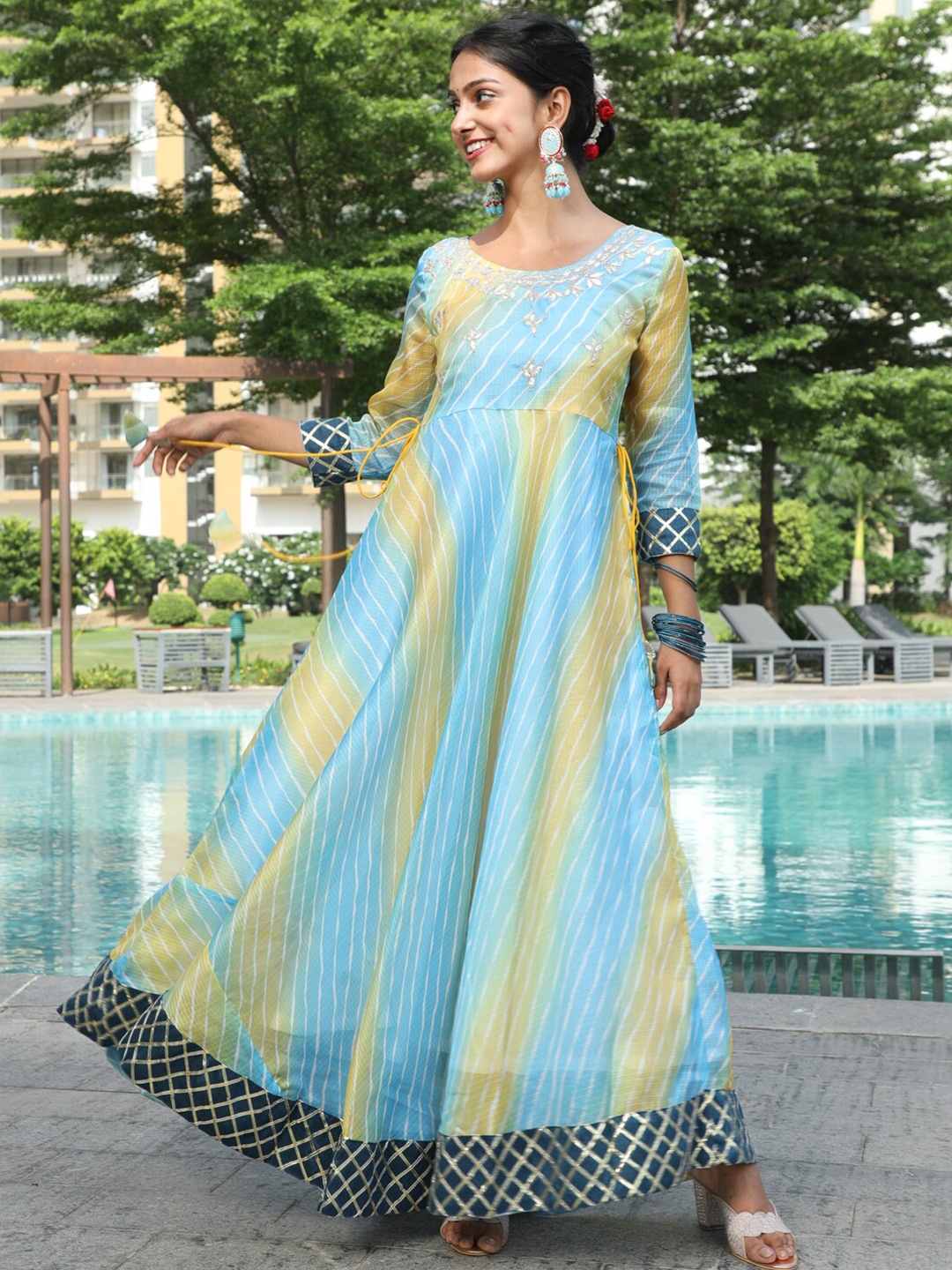 

AKS Couture Striped Cotton Maxi Ethnic Dress, Blue