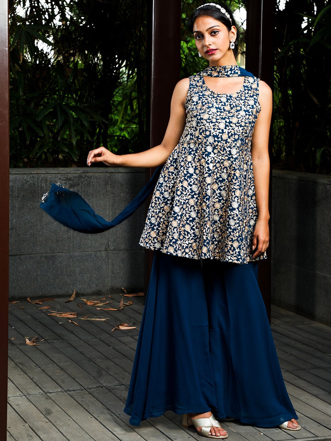 

AKS Couture Floral Embroidered Regular Kurta with Sharara & With Dupatta, Blue
