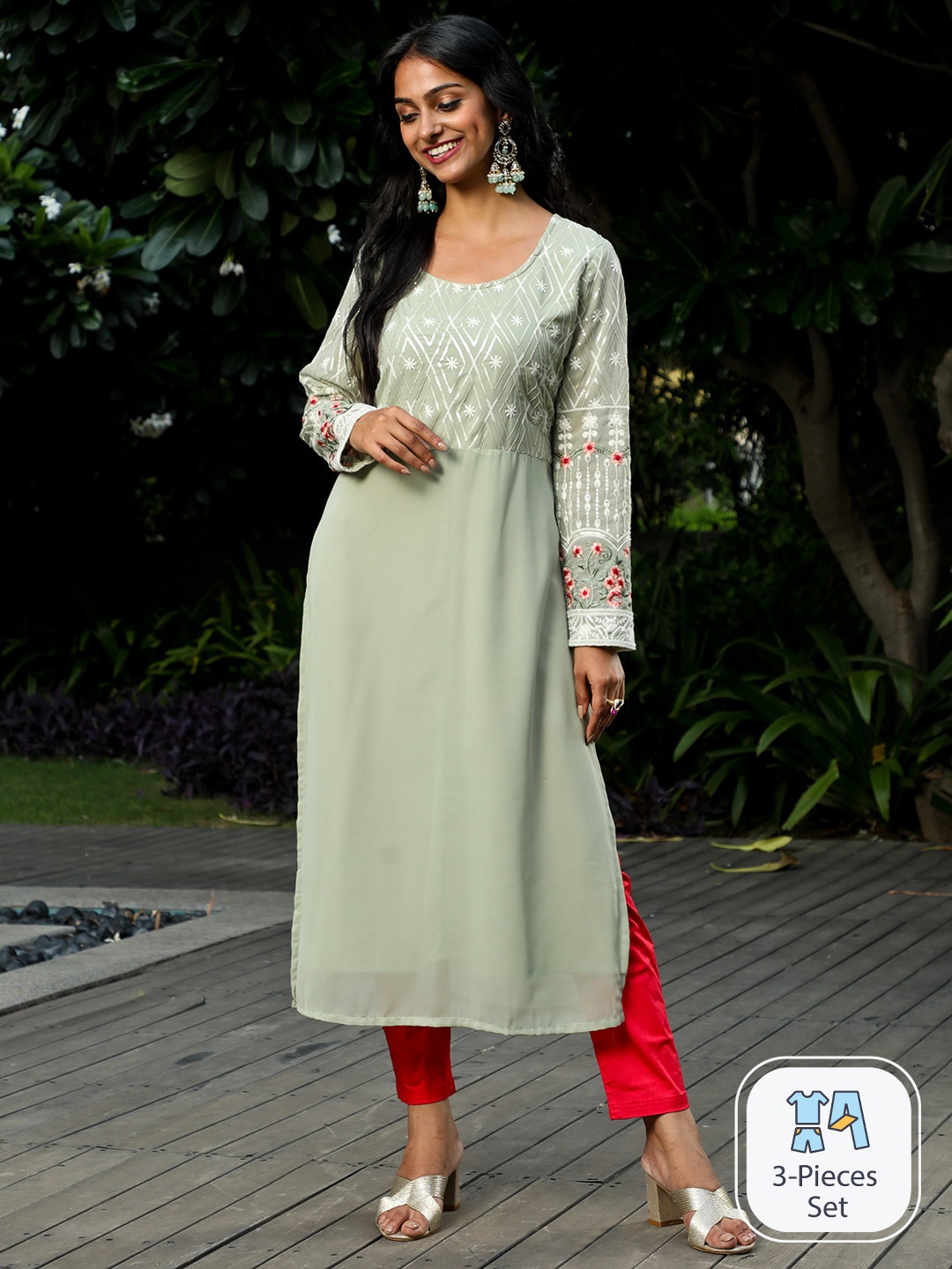 

AKS Couture Floral Embroidered Sequinned Kurta, Green