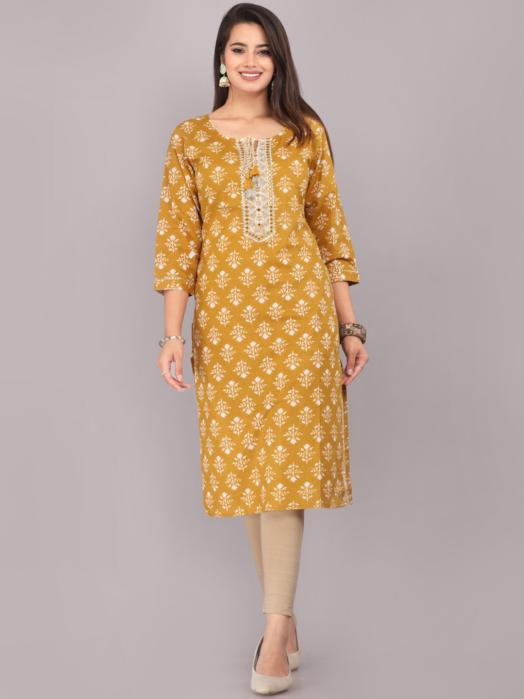 

KALINI Ethnic Motifs Printed Mirror Work Straight Kurta, Gold