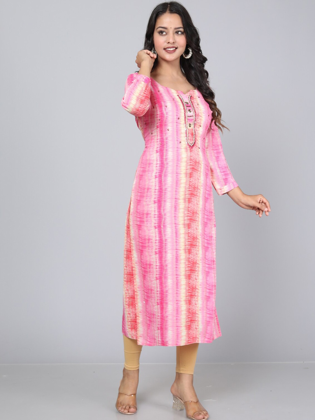 

KALINI Tie & Dye Dyed Beads & Stones Pastel Straight Kurta, Pink