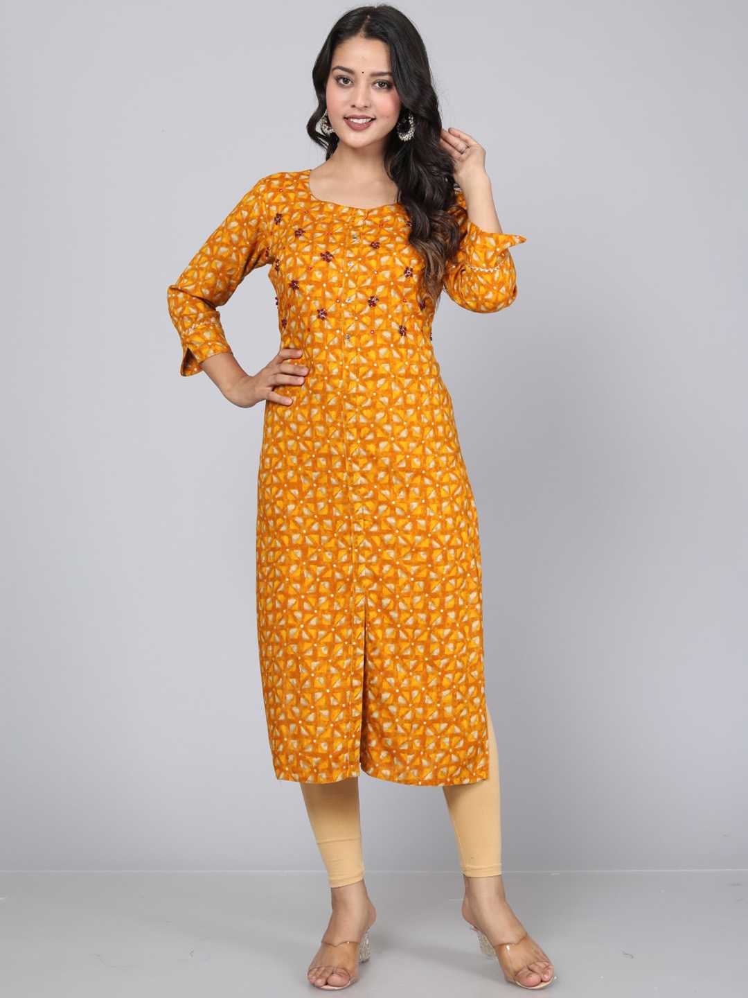 

KALINI Geometric Printed Mirror Work Straight Kurta, Yellow