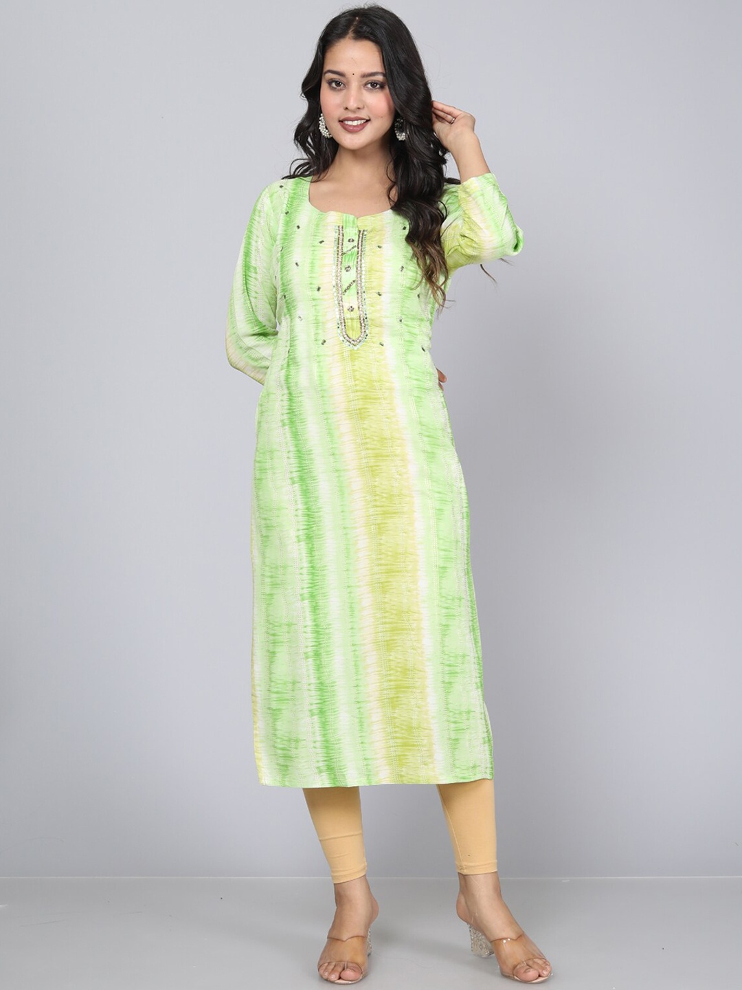 

KALINI Abstract Printed Thread Work Kurta, Green