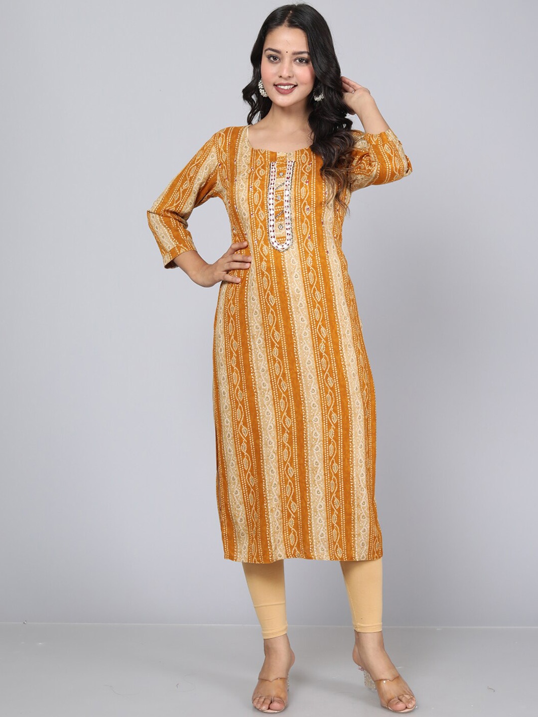 

KALINI Bandhani Printed Beads and Stones Straight Kurta, Yellow