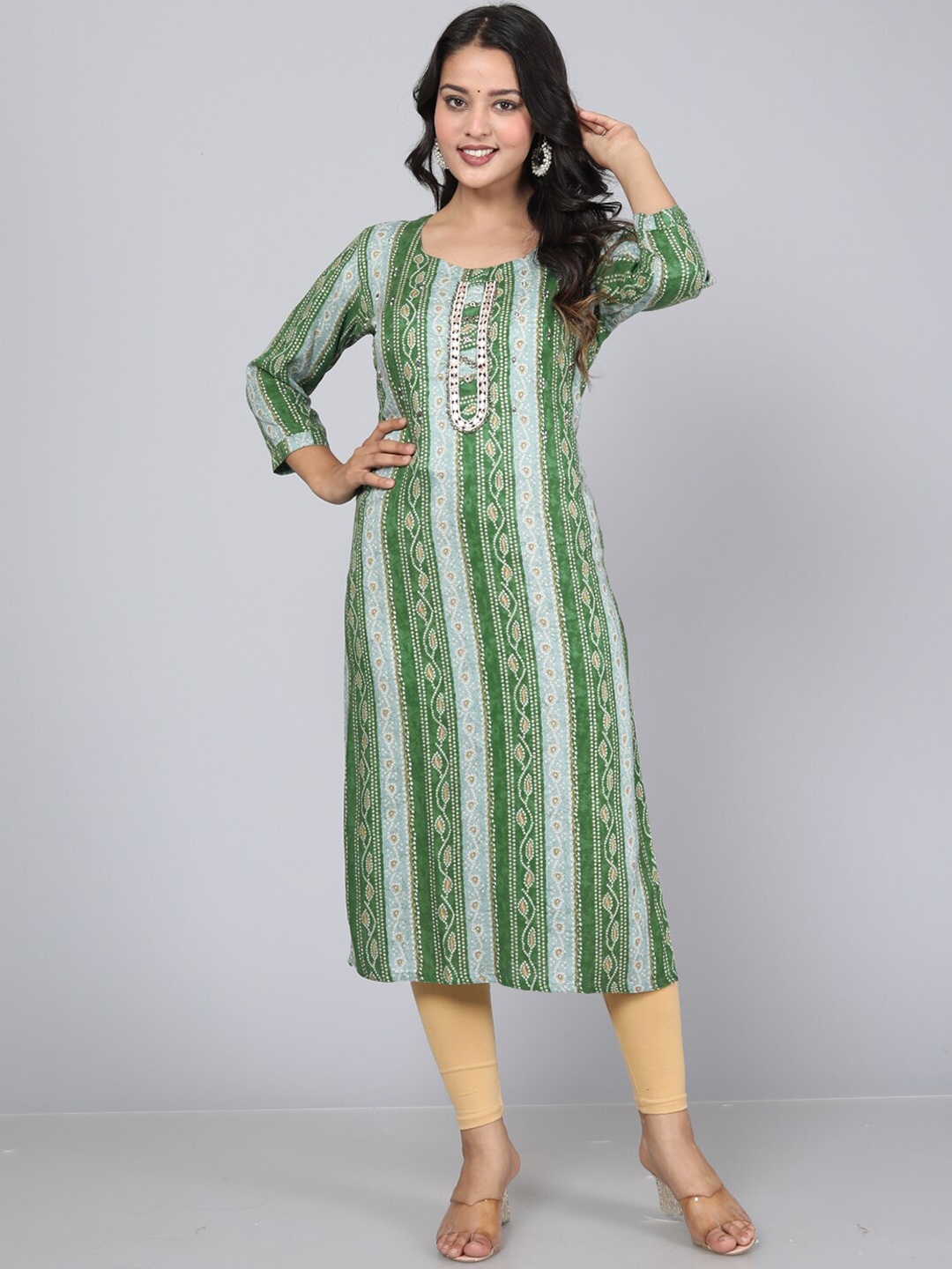 

KALINI Bandhani Printed Beaded Kurta, Green