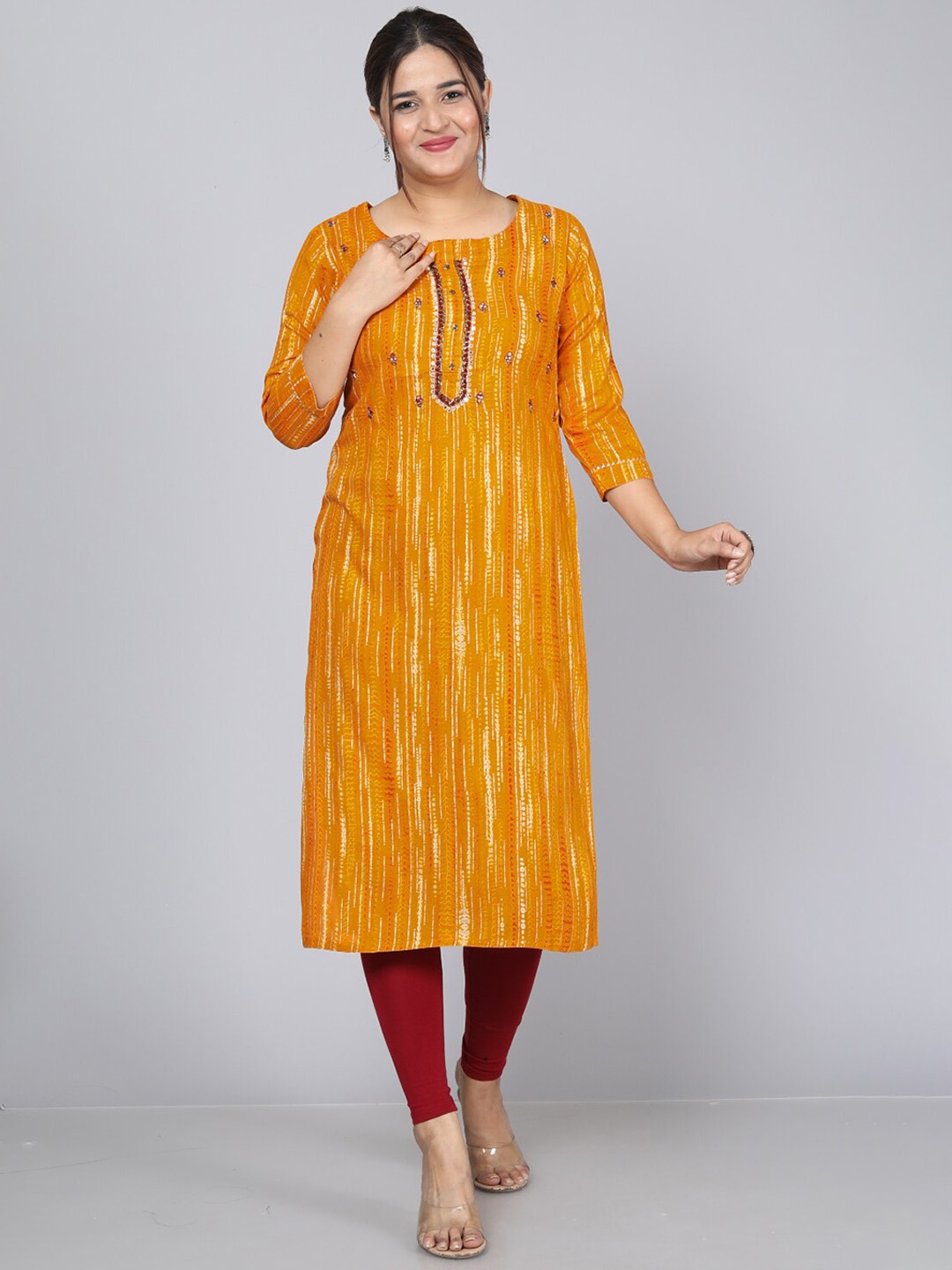 

KALINI Ethnic Motifs Printed Gotta Patti & Mirror Work Straight Kurta, Yellow