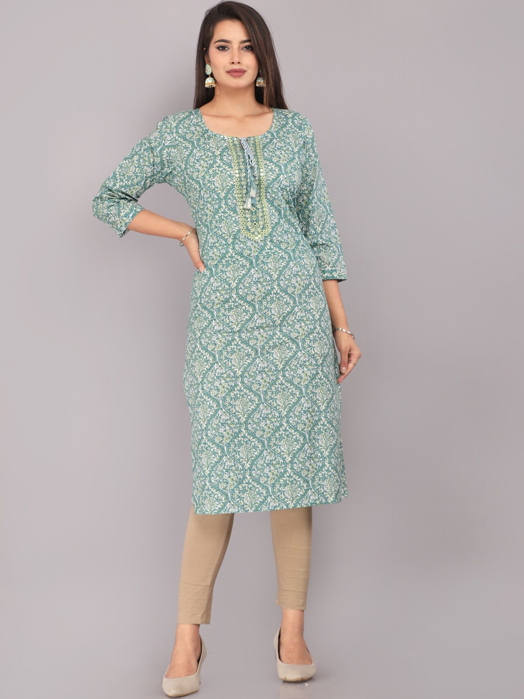 

KALINI Ethnic Motifs Printed Tie-Up Neck Mirror Work Straight Kurta, Grey