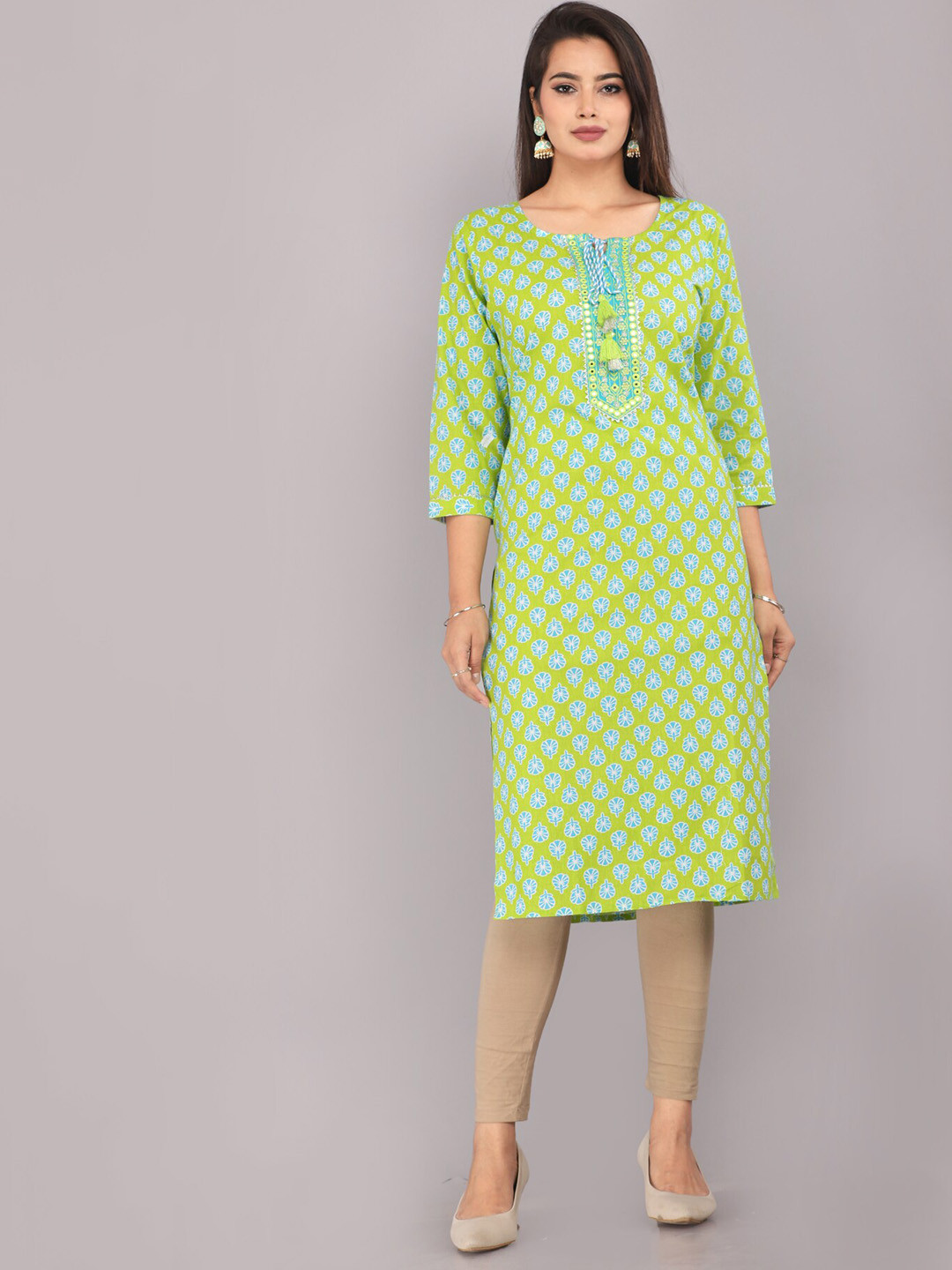 

KALINI Floral Printed Thread Work Kurta, Green