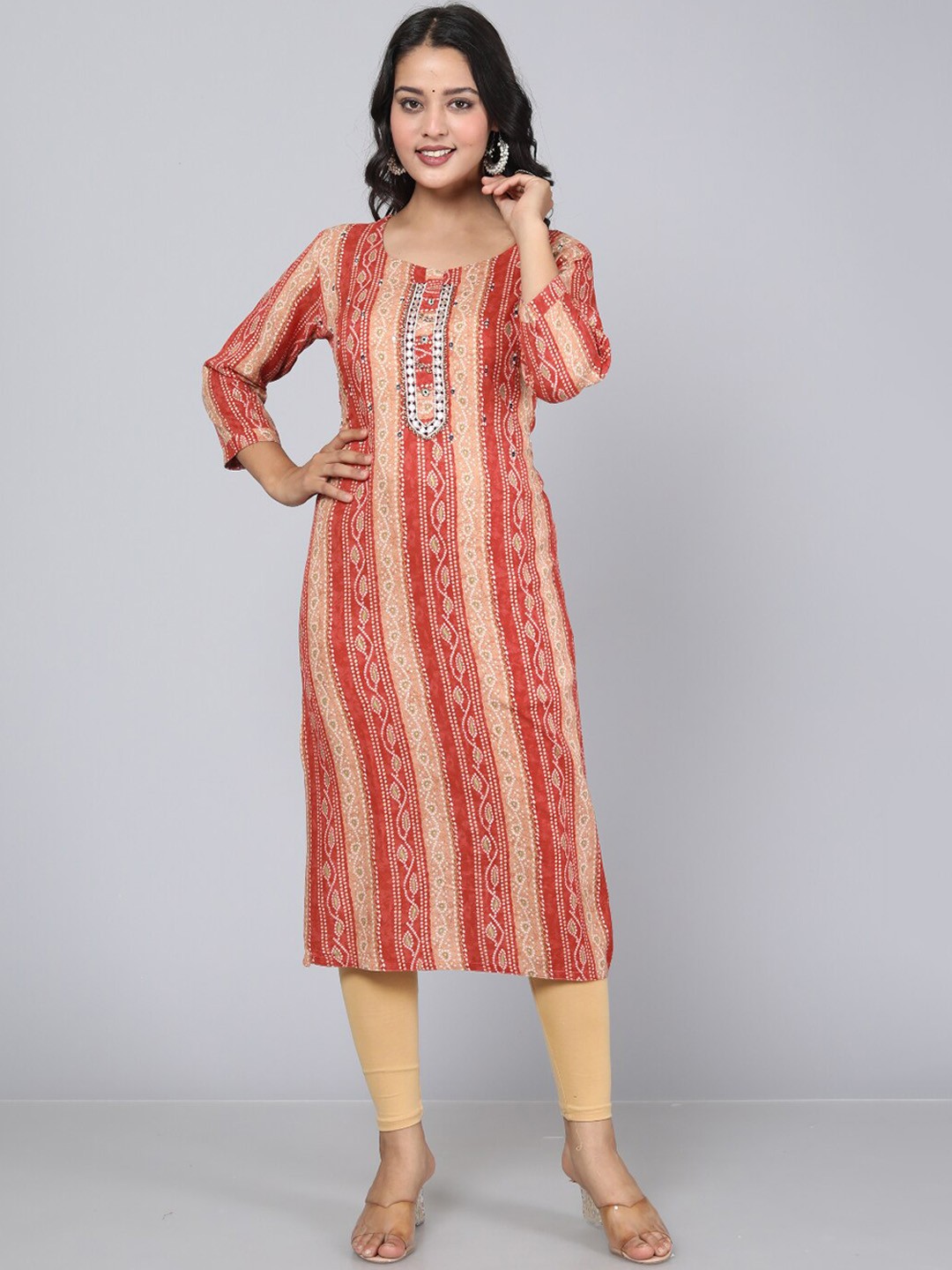 

KALINI Ethnic Motifs Printed Mirror Work Kurta, Red