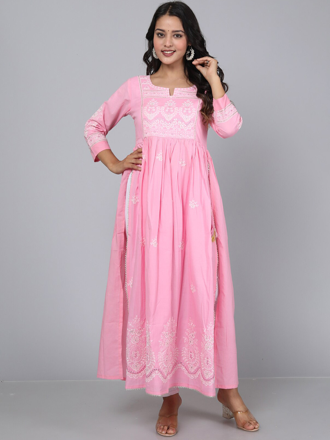 

KALINI Ethnic Motifs Embroidered Gotta Patti Pure Cotton Kurta, Pink
