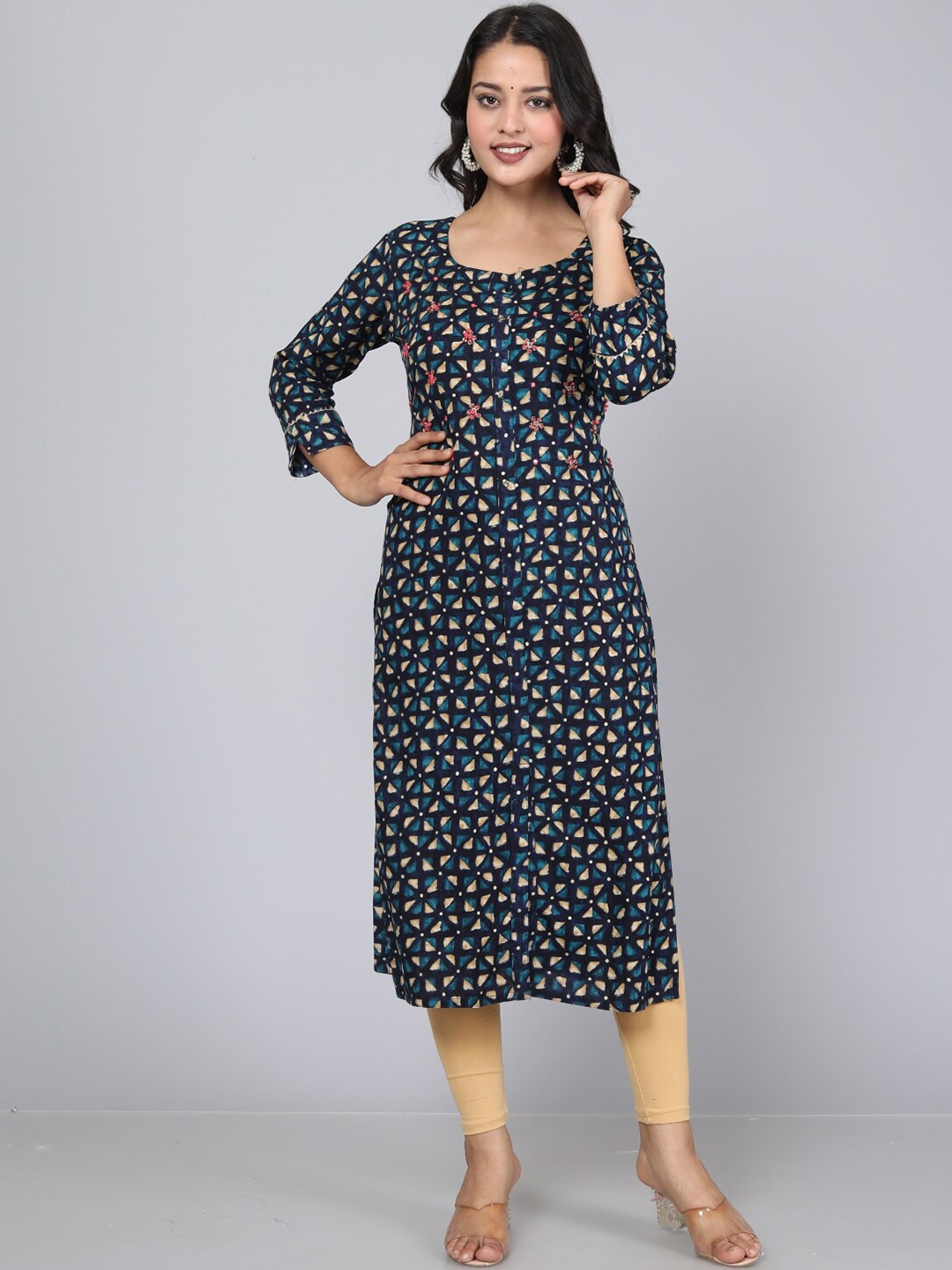 

KALINI Geometric Printed Sequinned Kurta, Blue