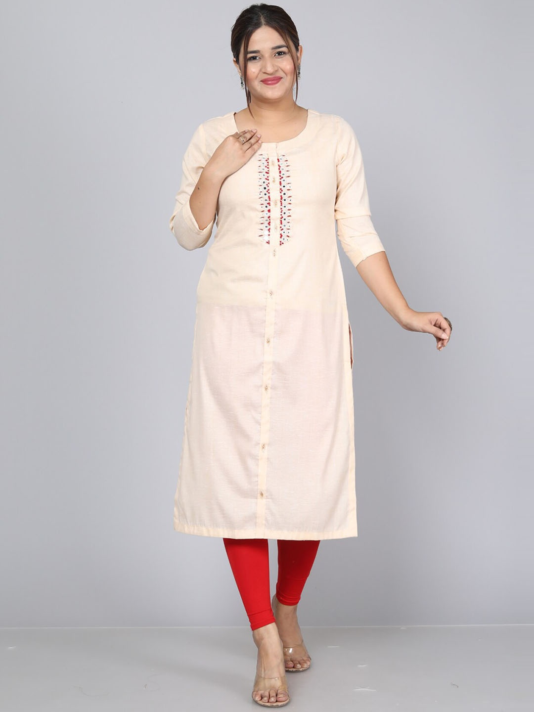 

KALINI Mirror Work Detail Pure Cotton Straight Kurta, Gold