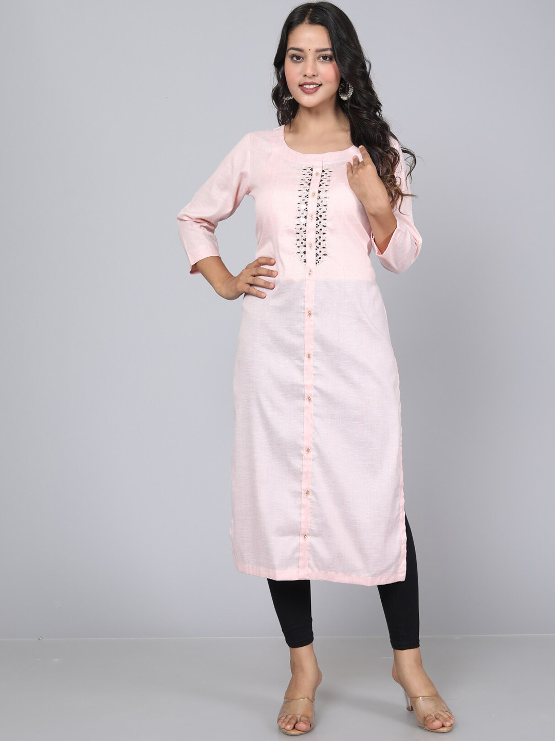 

KALINI Mirror Work Detail Pure Cotton Straight Kurta, Pink