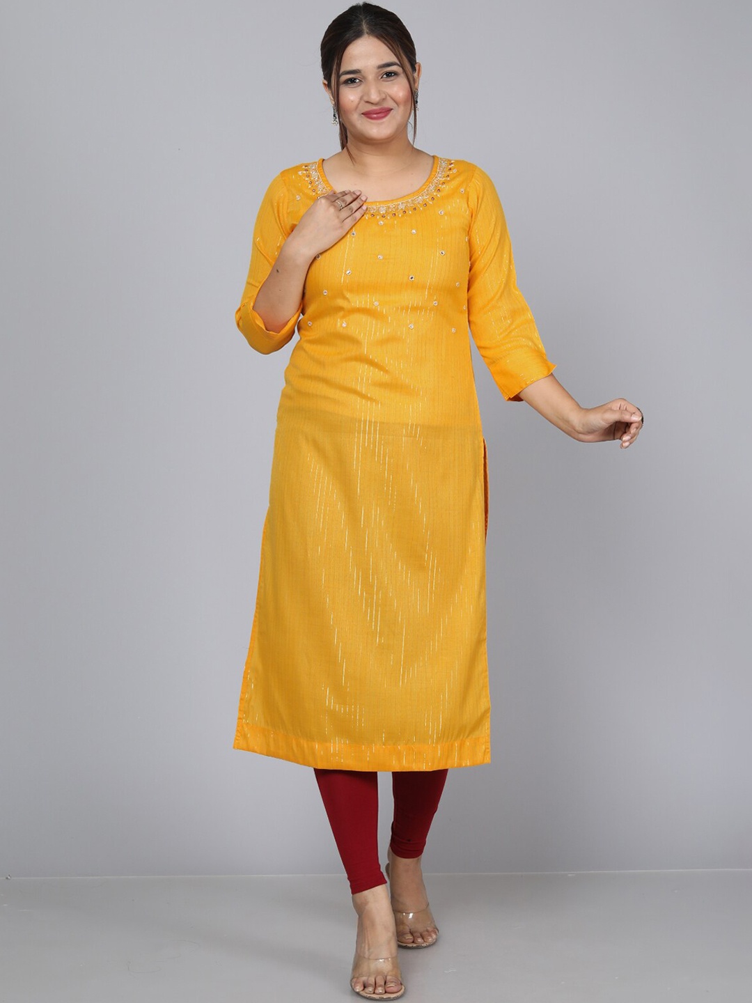 

KALINI Striped Beads & Stones Detail Chanderi Silk Straight Kurta, Yellow