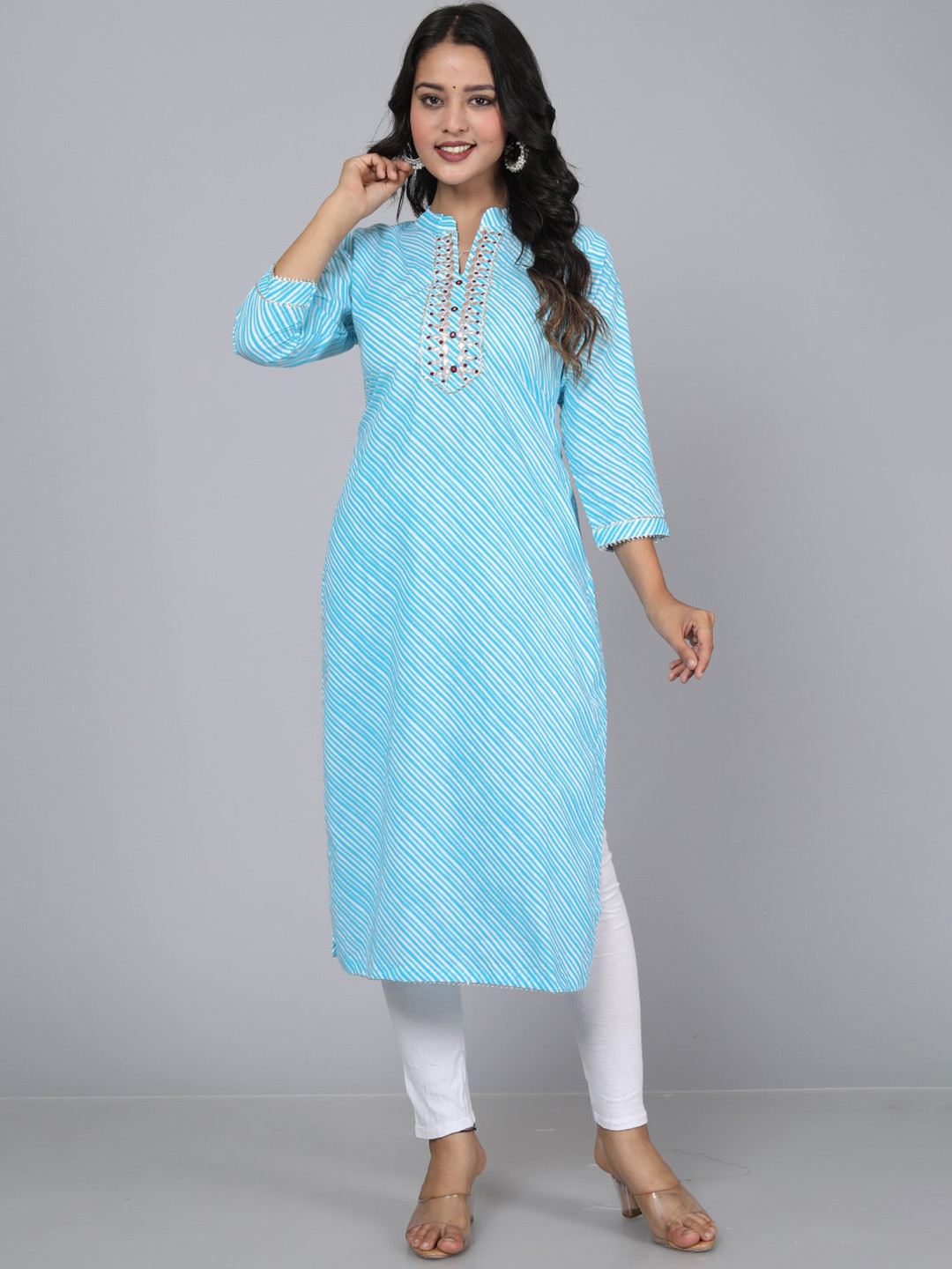 

KALINI Leheriya Printed Mirror Work Kurta, Blue