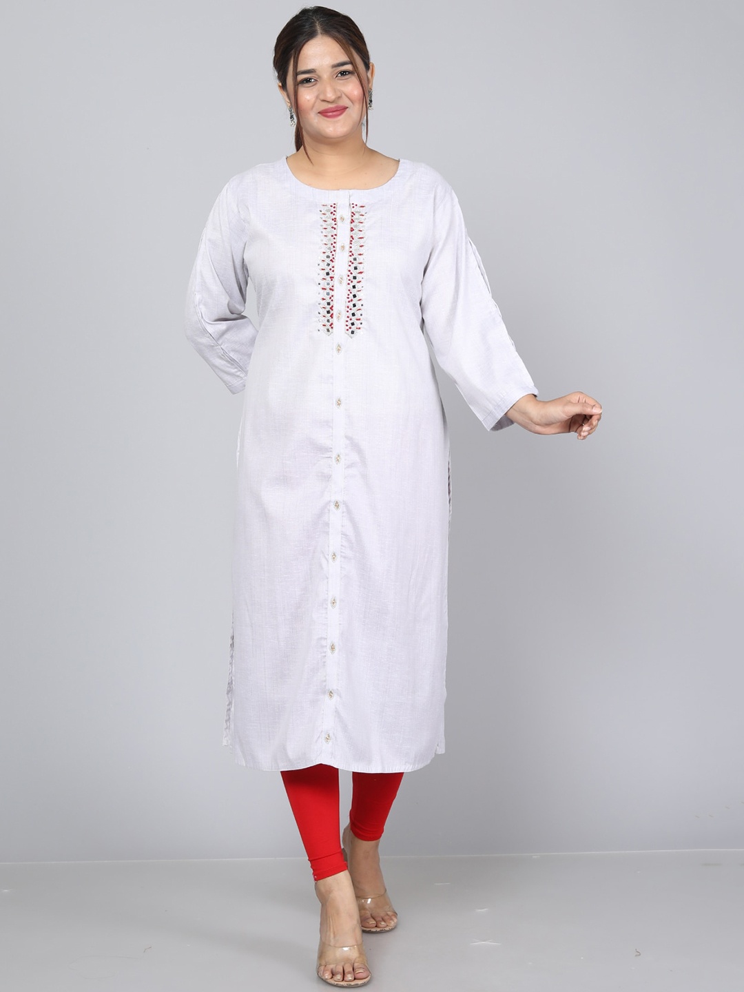 

KALINI Floral Embroidered Pure Cotton Kurta, Grey