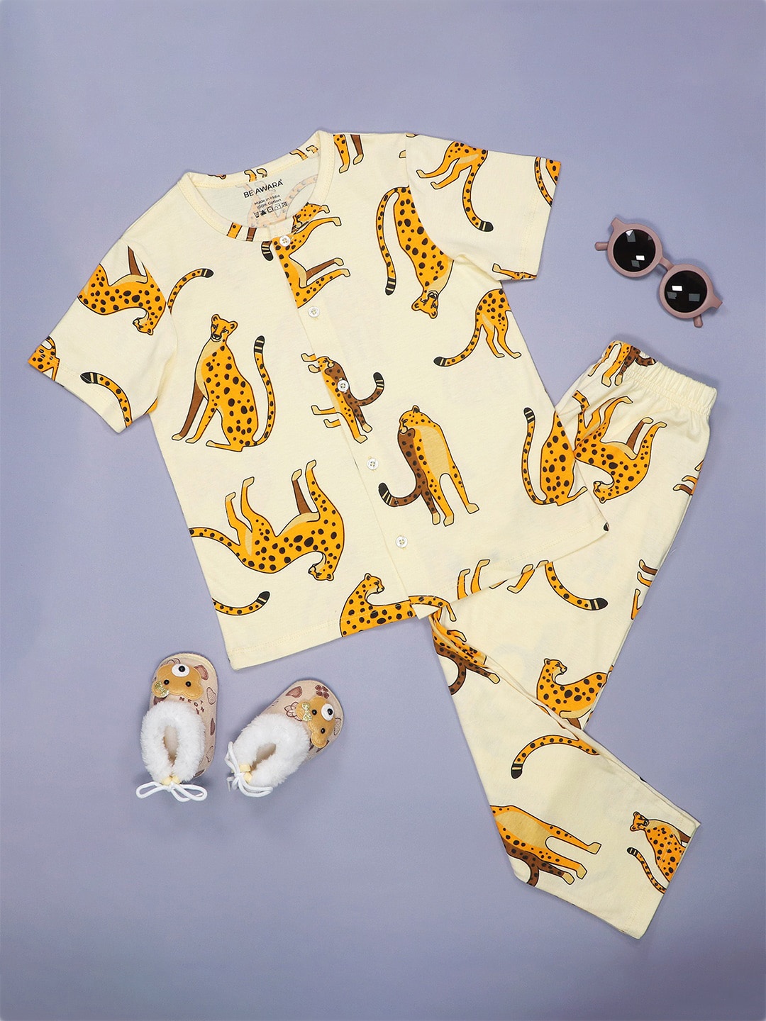 

BE AWARA Kids Cheetah Printed Pure Cotton Night suit, Yellow