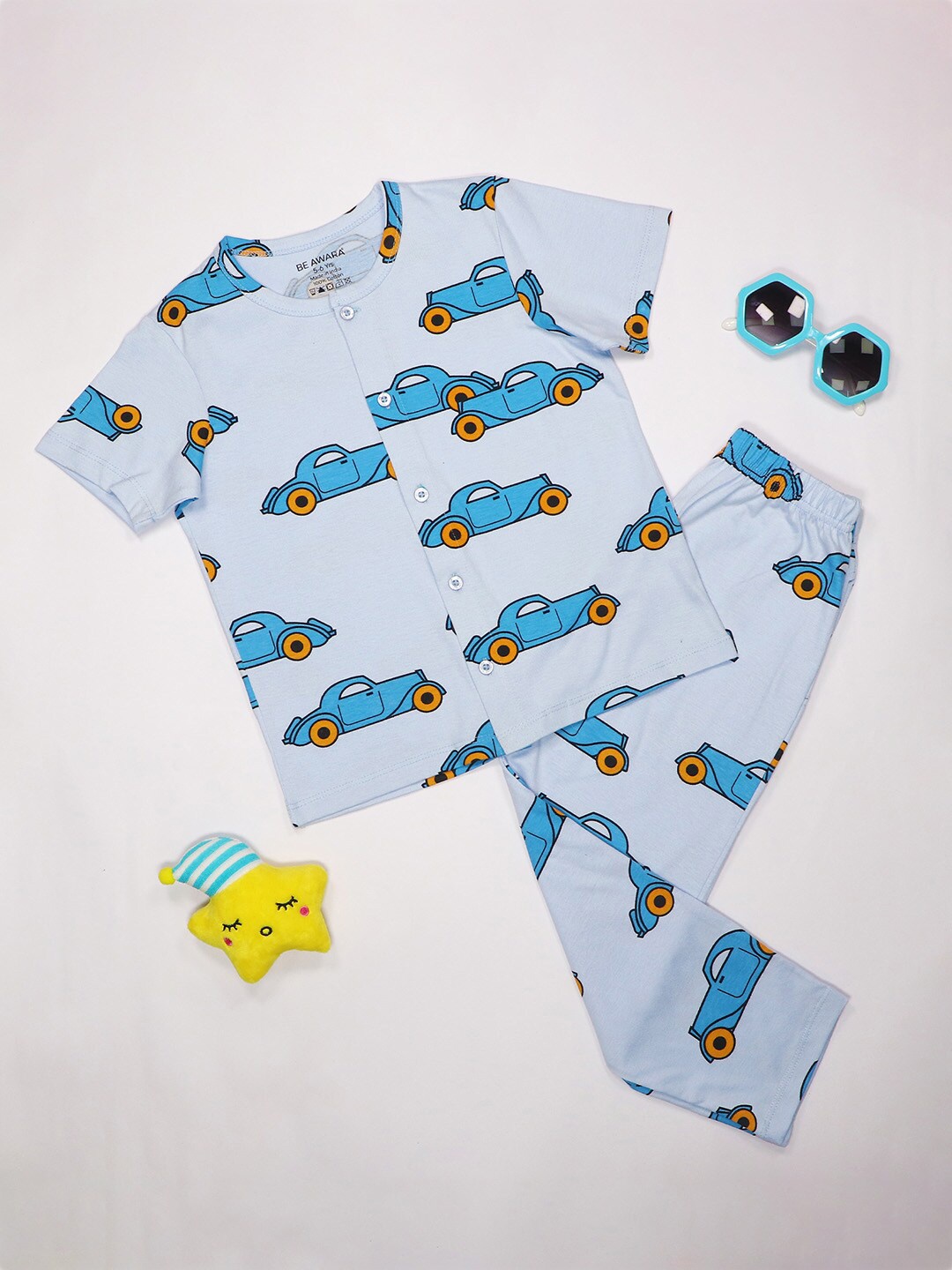 

BE AWARA Kids Ambassador Printed Pure Cotton Night suit, Blue