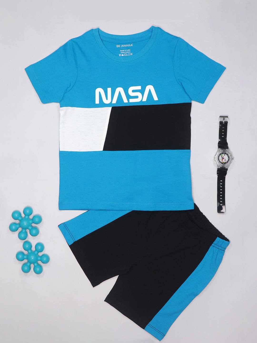 

BE AWARA Kids Nasa Printed Colourblocked Pure Cotton Clothing Set, Blue