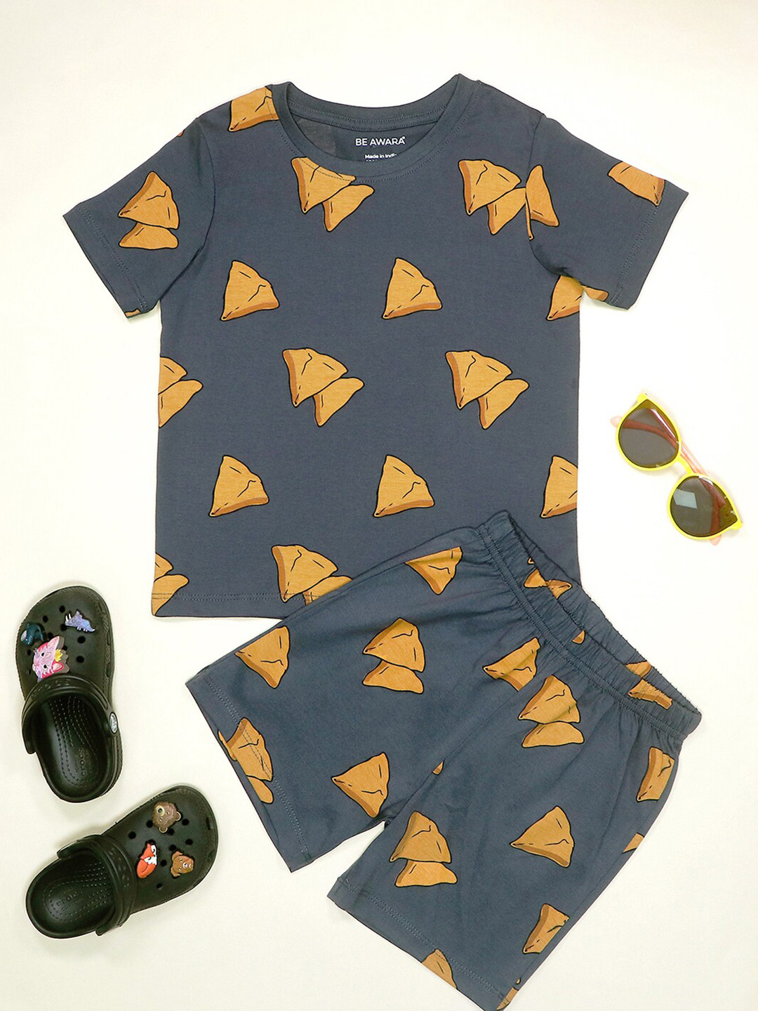 

BE AWARA Kids Samosa Printed Pure Cotton Clothing Set, Grey