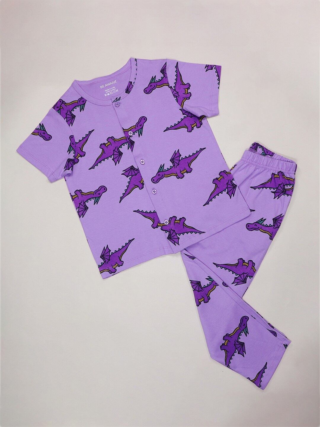 

BE AWARA Kids Dragon Printed Pure Cotton Night suit, Purple