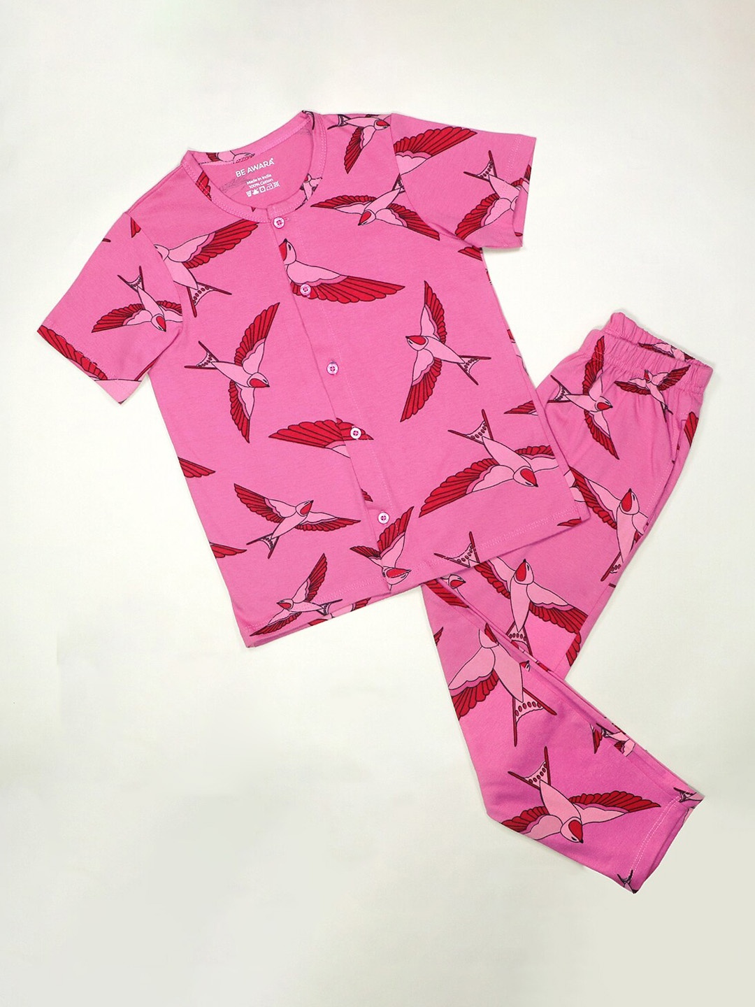 

BE AWARA Kids Canaries Printed Pure Cotton Night suit, Pink