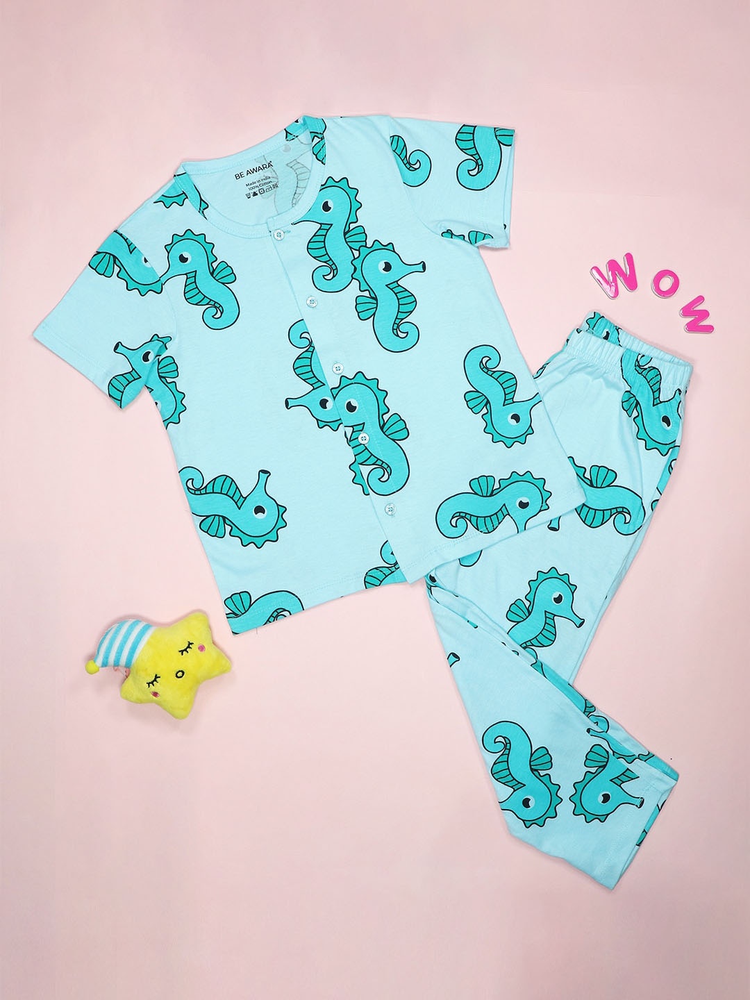 

BE AWARA Kids Sea Horse Printed Pure Cotton Night suit, Turquoise blue