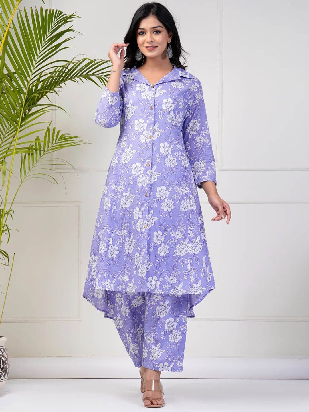 

Meena Bazaar Floral Printed Shirt Collar A-Line Kurta with Trousers, Purple