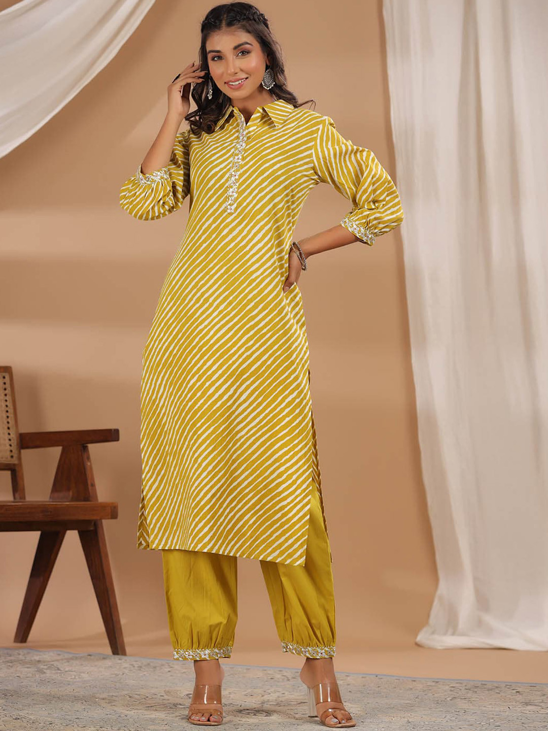 

Meena Bazaar Shirt Collar Striped Gota Patti Regular Kurta with Harem Pants, Mustard
