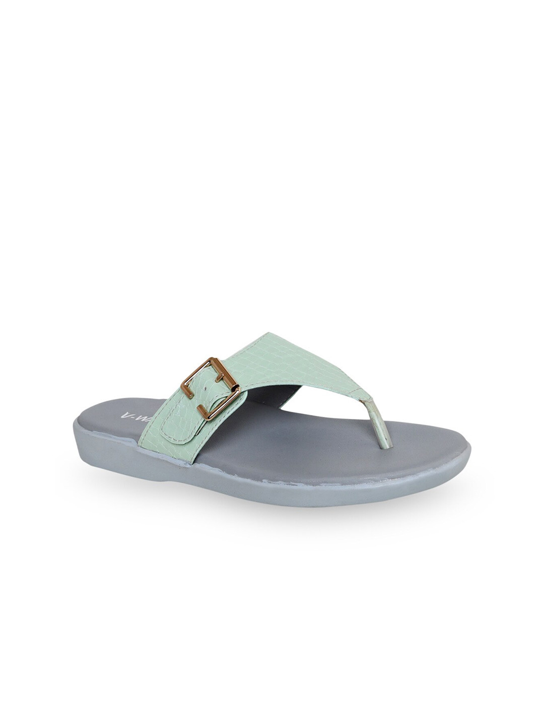 

V-WALK Textured T-Strap Flats With Buckles, Sea green