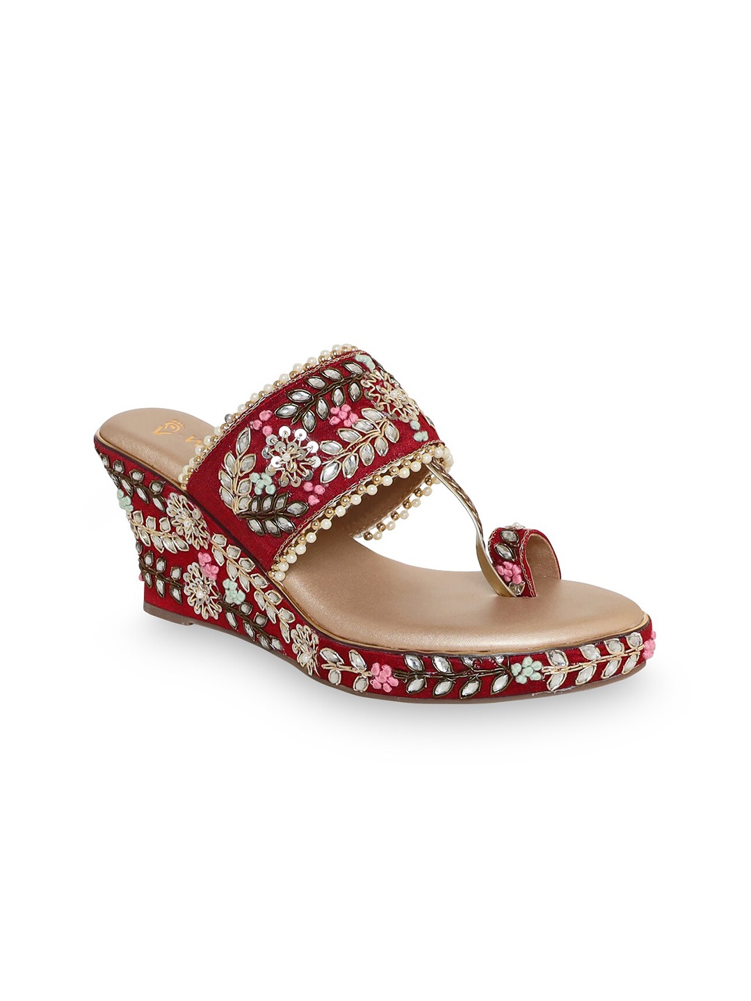 

V-WALK Embellished Ethnic Wedge Sandals, Maroon