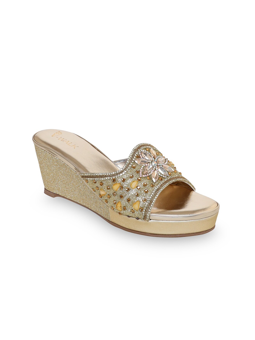 

V-WALK Ethnic Embellished Open Toe Wedges, Gold