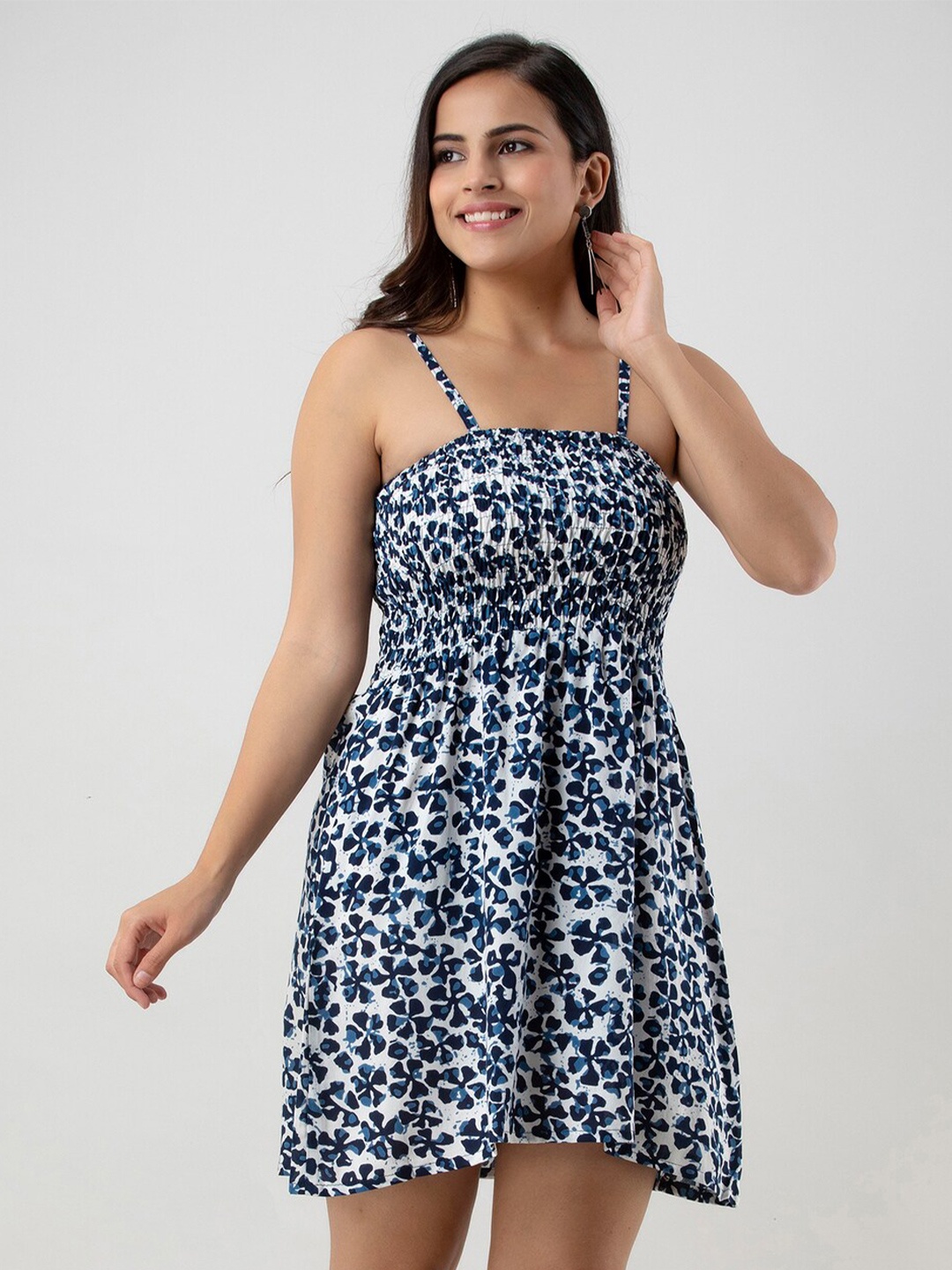 

BAESD Floral Printed Shoulder Straps Smocked Fit & Flare Dress, Navy blue