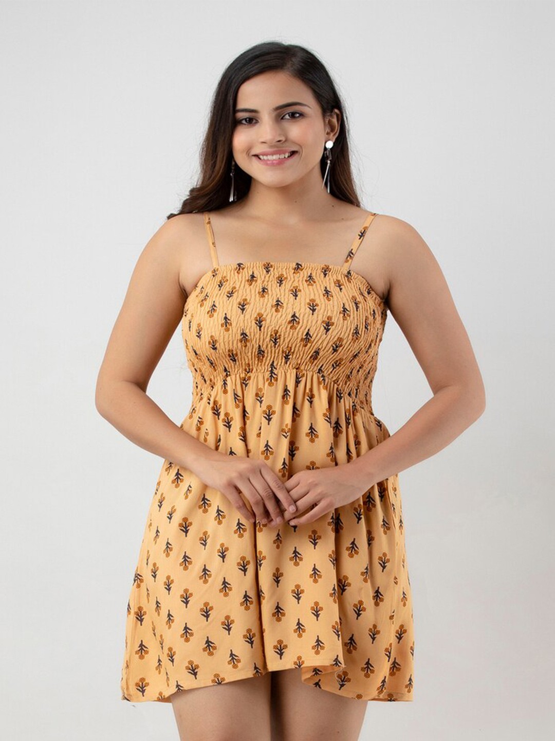

BAESD Floral Printed Shoulder Straps Smocked Fit & Flare Dress, Beige
