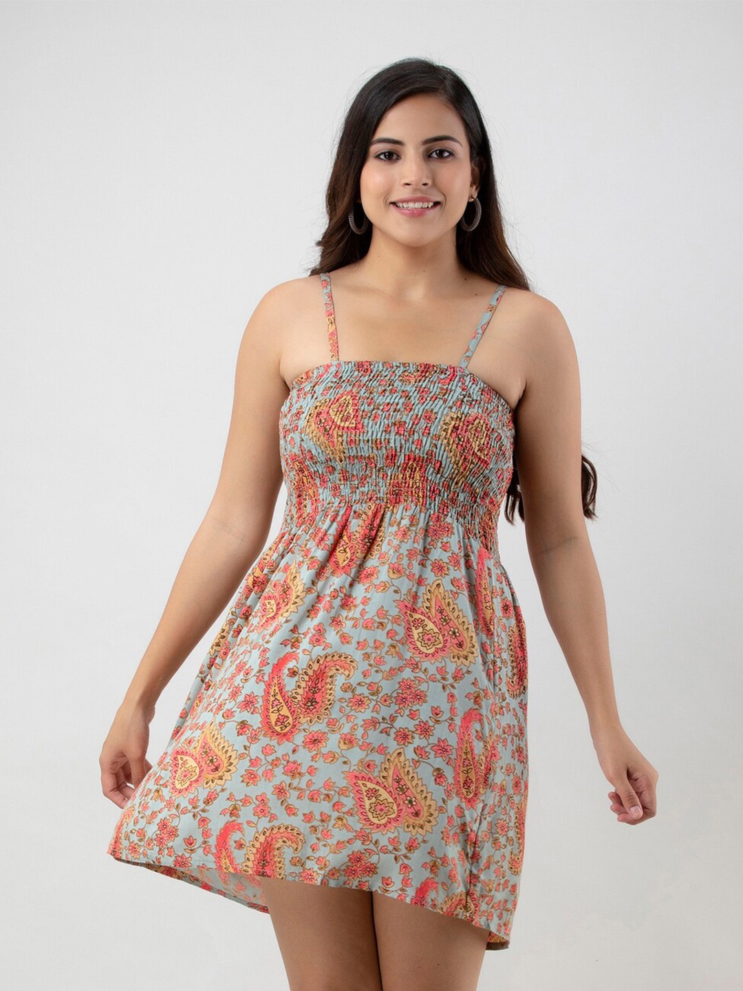 

BAESD Ethnic Motifs Printed Shoulder Straps Smocked Fit & Flare Dress, Blue