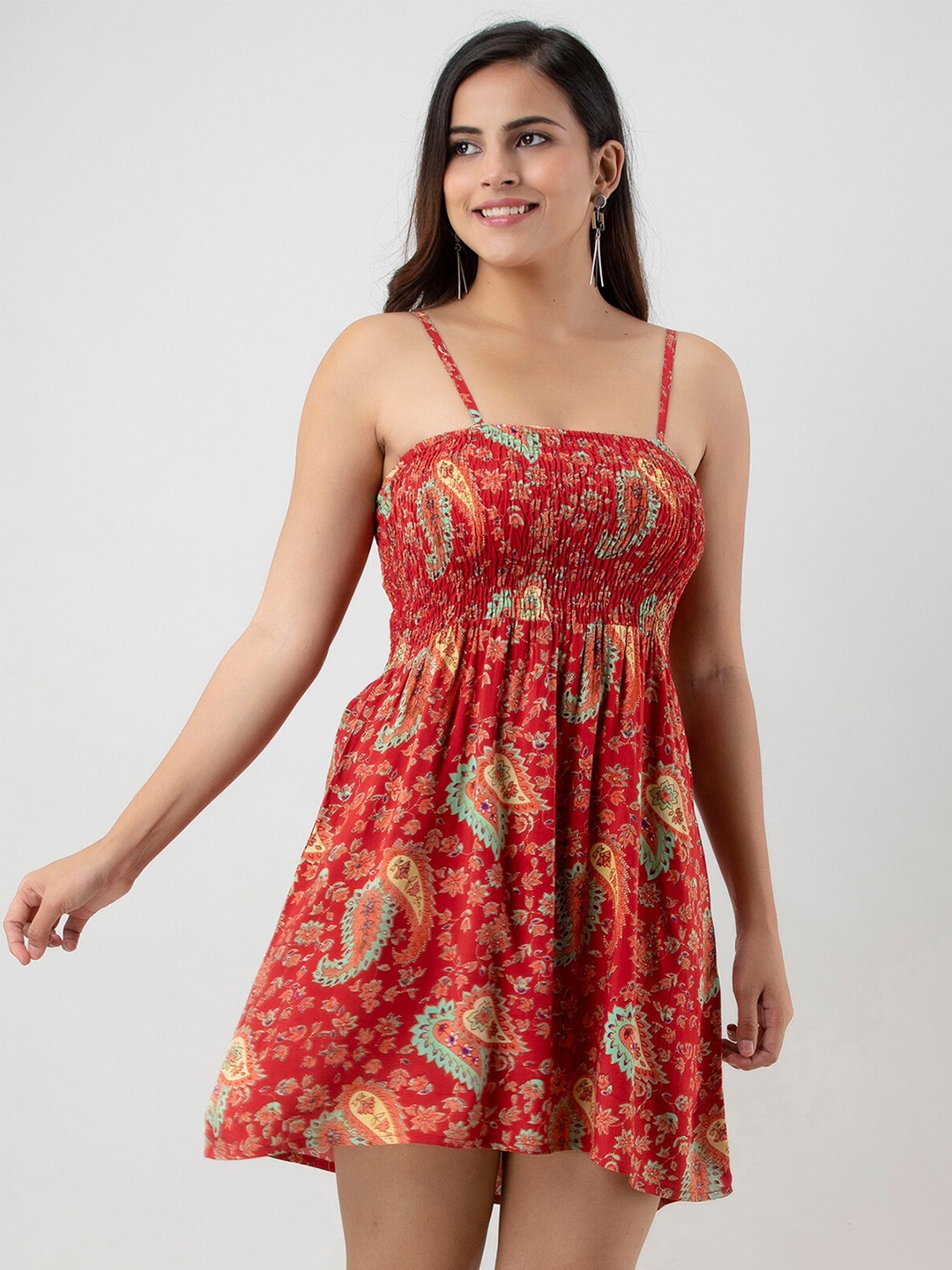 

BAESD Ethnic Motifs Printed Shoulder Straps Smocked Fit & Flare Mini Dress, Red