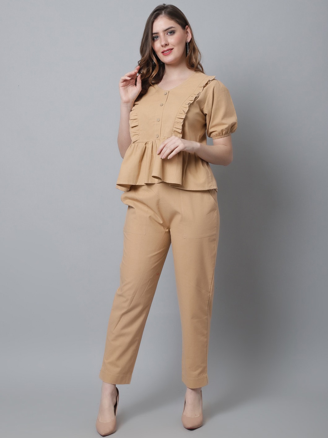 

BAESD V-Neck Pure Cotton Relaxed Fit Top & Trouser Co-Ords, Beige