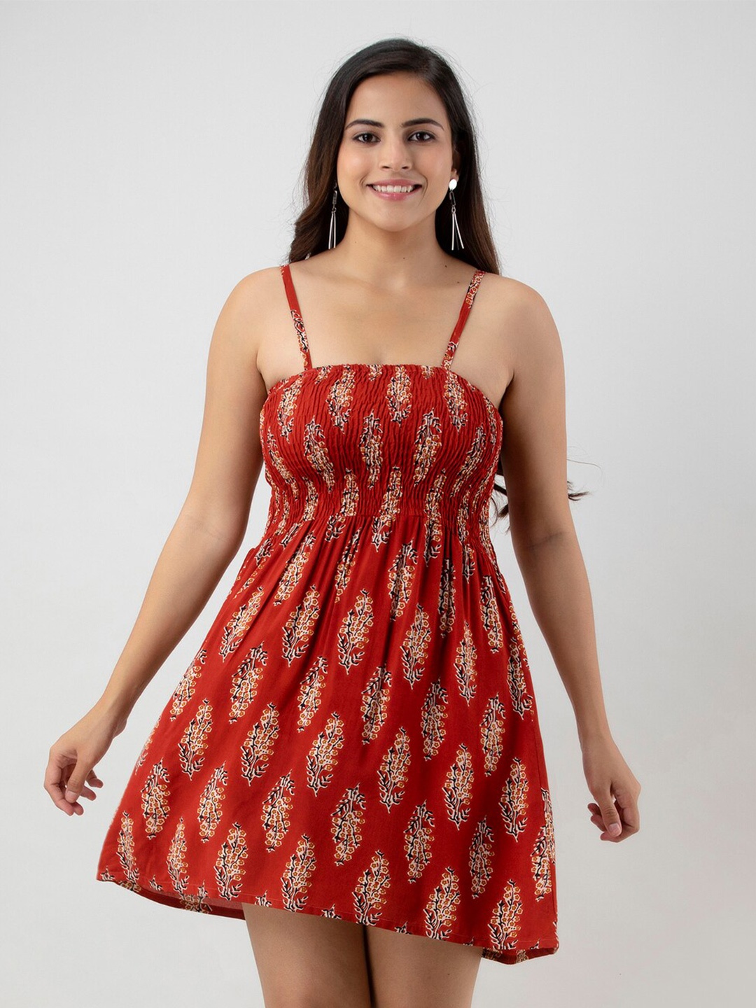 

BAESD Floral Printed Shoulder Straps Smocked Fit & Flare Mini Dress, Red