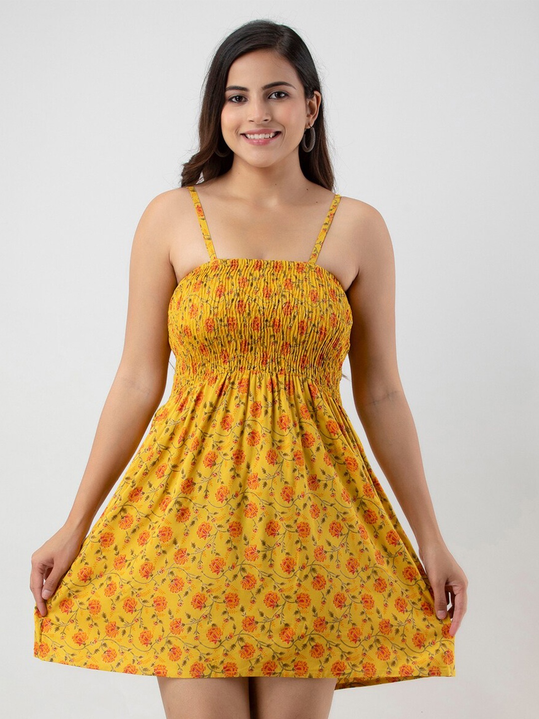 

BAESD Floral Printed Shoulder Straps Smocked Fit & Flare Mini Dress, Mustard