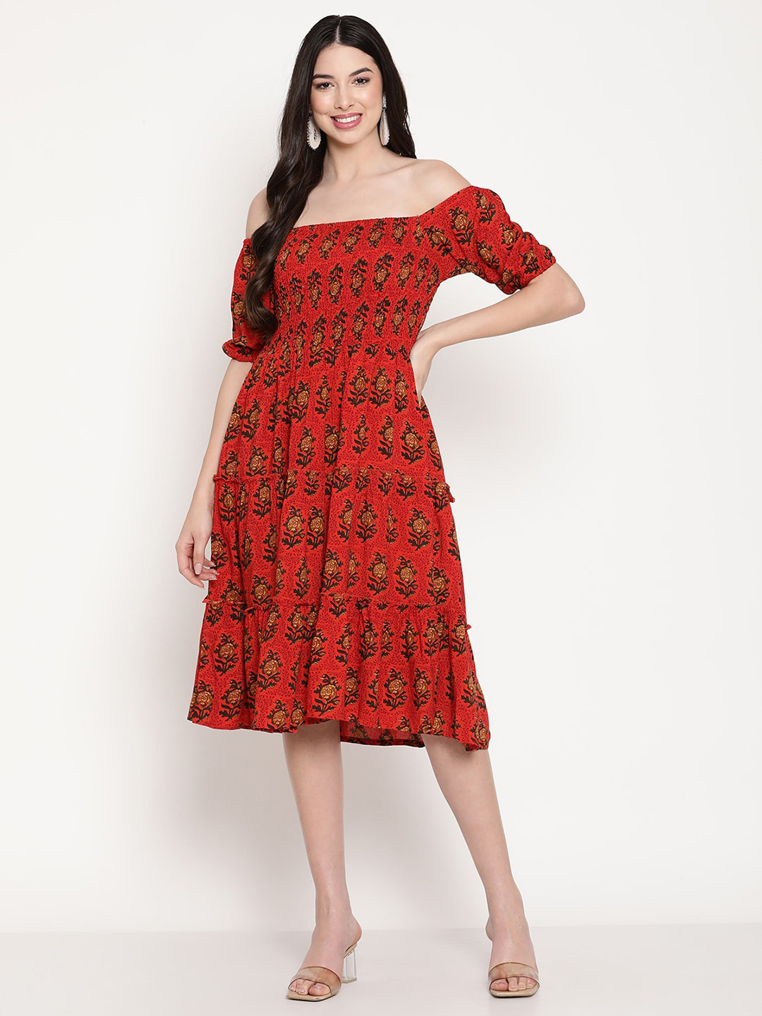 

BAESD Floral Printed Off-Shoulder Puff Sleeve Fit & Flare Midi Dress, Red